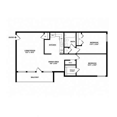 Floor plan for 2 beds, 1 bath, 894 sqft